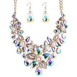 New Design Necklace Earrings Sets for Girls Lady Exaggerated Flower Imitation Pearl Water Drop Gold Fashion Women Wedding Jewelry Suit Blue