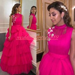 Modest Arabic Fuchsia Tiered Evening Dresses Stars High Neck Sleeveless Tulle Celebrity Plus Size Party Pageant Occasion Formal Prom Gowns