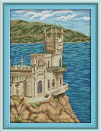 The seaside church Sea Scenic decor painting ,Handmade Cross Stitch Embroidery Needlework sets counted print on canvas DMC 14CT /11CT