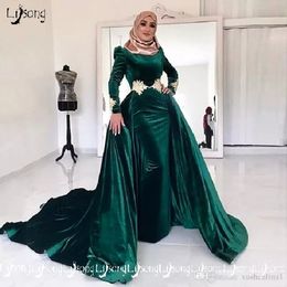 Green Mermaid Prom Dress With Detachable Overskirts Jewel Neck Velvet Long Sleeve Muslim Evening Dresses Formal Occasion Gowns