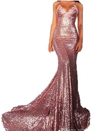 Backless Rose Pink Glitz Sequined Mermaid Prom Dresses Spaghetti Strap Sexy Backless Sweep Train Formal Evening Dresses Women Party Gowns