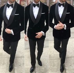 New Fashion Double Breasted Black Velvet Groom Tuxedos Shawl Lapel Men Suits Wedding/Prom/Dinner Best Man Blazer (Jacket+Pants+Tie) W349