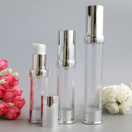 15ml 20ml 30ml Empty Silver Vacuum Refillable Lotion Bottles Airless Pump Sample Bottle Makeup Tools for Travel Set 10pcs/lot