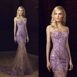 Tony Chaaya Light Purple Mermaid Prom Dresses Sheer Neck Lace Appliques Formal Evening Dress Cocktail Party Dresses