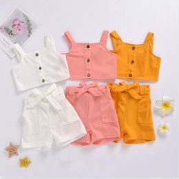Baby Girl Clothes Kids Suspender Short Top Bowknot Shorts Clothing Sets Summer Solid Button Sleeveless Vest Pants Suits Outfits BYP641
