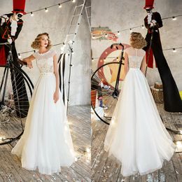 2020 Cheap A Line Wedding Dresses Jewel Sleeveless Appliqued Lace Wedding Gown Sash Beaded Custom Made Sweep Train Tulle Vestidos De Novia