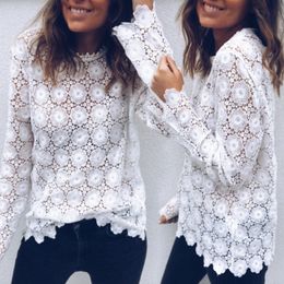 2019 Hot Seller Women Fashion Lace White T Shirt Long Sleeve Patchwork Slim Ladies Casual Round Neck Tops