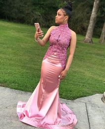 Pink Black Girls Mermaid Evening Dresses High Neck Lace Applique Sleeveless Beads Sweep Train Prom Dress Special Occasion robes de soirée