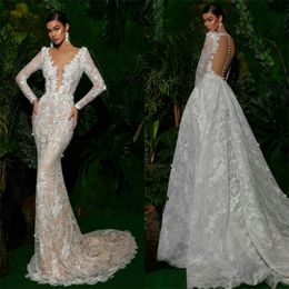 Luxury Wedding Dresses With Detachable Train V-neck Long Sleeve Full Lace Applique Sequins Beaded Bridal Dress Custom Made Vestidos De Novia