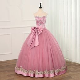 2019 Princess Pink Crystal Appliques Ball Gown Quinceanera Dresses Bow Sequin Sweet 16 Dresses Debutante 15 Year Formal Party Dres252g