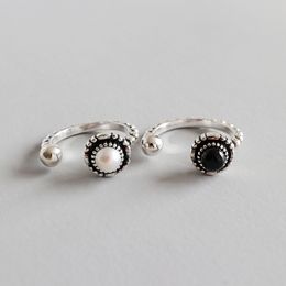 Vintage Black Agate And Freshwater Pearl Rings Fine Jewellery 100% 925 Sterling Silver Adjustable Statement Ring For Women