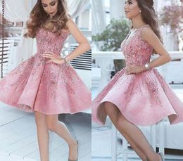 2019 New Arrival Short Arabic Pink Homecoming Dress A Line V Neck Juniors Sweet 15 Graduation Cocktail Party Dress Plus Size Custom Made