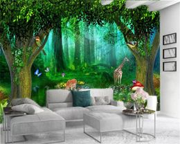 Home Decor 3d WallpaperFantastic Verdant Forest Sika and Giraffe Customized Premium Silk Decoration Wallpaper