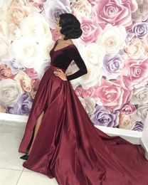 New Sexy Deep V Neck Velvet Evening Dresses Wear Long Sleeves Burgundy Satin High Split Floor Length Party Quinceanera Formal Prom Gowns