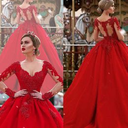 vestido de noiva Vintage V Neck Wedding Dresses Long Sleeves Beaded Lace Applique Illusion Zipper Back Sweep Train Red Bridal Dress