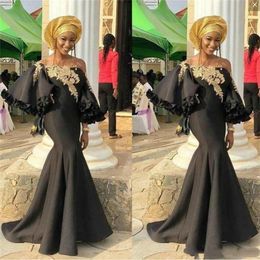 Trendy Aso Ebi Arabic Mermaid Ruffle Evening Dresses Black Girl Gold Applique Prom Occasion Saudi Arabia robe de mariée Pageant Party Gowns