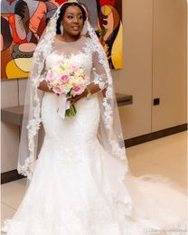 African Plus Size Mermaid Bröllopsklänningar Jewel 3/4 Långärmad Sweep Tåg Illusion Bodice Appliques Beaded Chapel Country Bridal Gowns