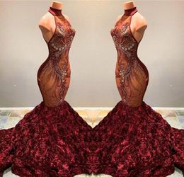 Burgundy Mermaid Prom Dresses Halter Lace Appliques Beads Rose Sweep Train Evening Gowns Zipper Back Cocktail Formal Party Dress