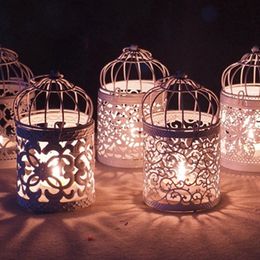 Titular de vela oco metal branco Tealight Candlestick Padrão de Flor De Flor De Birdcage Christmas Christmas Fada Decoração De Partido De Casamento