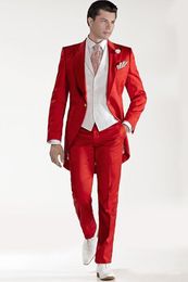 Fashion Design Red Tailcoat Groom Tuxedos Peaked Lapel Best Men's Wedding Dress Prom Holiday Suits Custom Made Two Pieces (Jacket+Pant)