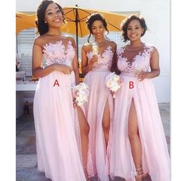 Customize Country Blush Pink Bridesmaid Dresses Sexy Sheer Jewel neck Lace Appliques Maid of Honor Dresses Split Formal Evening Gowns Wear