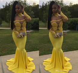 Yellow African Black Mermaid Prom Dresses Off Shoulder Long Sleeves Beads Lace Applique Sweep Train Formal Evening Dress Custom Made
