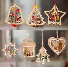 Christmas Tree Pattern Wood Hollow Snowflake Snowman Bell Hanging Decorations Colorful Home Festival Christmas Ornaments Hanging DHL Free
