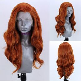 Free Part Orange Colour Brazilian Wig Natural Long Body Wave Copper Red Pre Plucked Synthetic Lace Front Wig for White Women