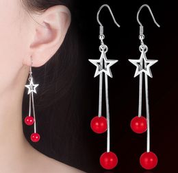 Five-pointed star ear hook female temperament fringed exaggerated mid-length red pearl earrings earrings WY626