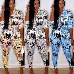 Woman Fashion Tracksuit Long Sleeve Newspaper Print Shirt Casual Button Top + Pants Leggings 2 Piece Set Outfits Summer Suit Party Wear