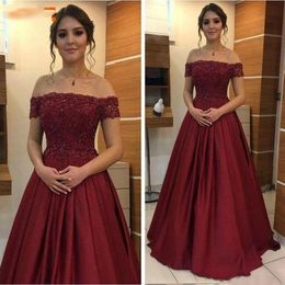 Burgundy Prom Dresses Long Short Sleeve Applique Lace Evening Gowns Satin A Line Customised Women Formal Party Dress