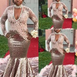 New Sexy Long Sleeves Rose Gold Sequined Feather Prom Dresses Mermaid Deep V Neck Sequins Lace Crystal Formal Evening Wear Party Dress 403