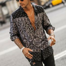 Men's Casual Shirts Men Floral Long Sleeve Turn-Down Collar Muscle Hawaiian Style Male Summer Holiday Fancy Plus Size M-2XL