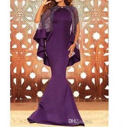 Purple Prom Dresses Saudi Arabia Mermaid Style vestido de festa Crew Neckline Floor Length Satin Evening Gowns with Sequins Wrap Cape 924