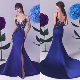 Sexy Royal Blue Lace Mermaid Evening Dresses Spaghetti Straps High Side Split Backless Prom Gowns Sweep Train Satin Formal Dress Ogstuff