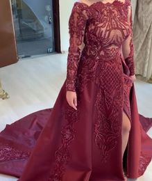 2020 Arabic Aso Ebi Luxurious Sexy Burgundy Evening Dresses Lace Beaded Prom Dresses High Split Formal Party Second Reception Gowns ZJ336