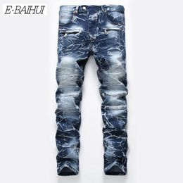 E-BAIHUI Men Pants Distressed Fold Skinny Jeans Fashion Designer Men Jeans Slim Motorcycle Moto Biker Causal Men Denim Pants Hip Hop 6501