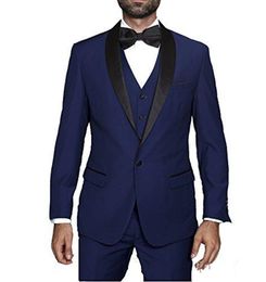 New High Quality One Button Navy Blue Groom Tuxedos Shawl Lapel Groomsmen Best Man Suits Mens Wedding Suits (Jacket+Pants+Vest+Tie) 858