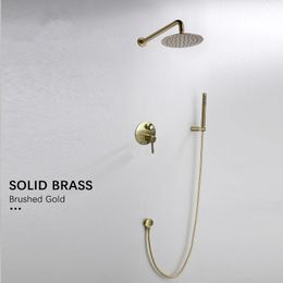 Bathroom Shower Set Solid Brass Brushed Gold Wall Mounted Simplicity 3 Pcs 8" Shower Head Shower Bath Handheld Sprayer