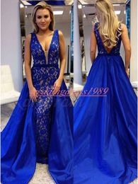 Sexy Deep V-Neck Overskirt Evening Dresses Royal Blue Lace 2019 Plus Size Formal Gowns Backless Party Occasion Prom Wear Vestido de noche