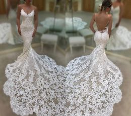 Cheap Long Mermaid Open Back Wedding Dress Spaghetti Straps Lace Garden Country Church Bride Bridal Gown Custom Made Plus Size