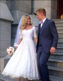 2019 New Simple Short A-Line Wedding Dresses Scoop Neck Lace Appliques Half Sleeves Ankle Length Sexy Plus Size Custom Made Bridal Gown