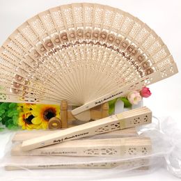 50PCS Personalized Sandal Wood with Sunflower Pattern Wedding Fan Party Favors Custom Printing Hand-made Foldable Wooden Fans In Organza Bag