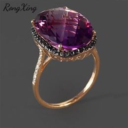 RongXing Big Oval Purple Crystal Zircon Rings for Women Vintage Fashion Rose Gold Filled Black Stone Engagement Ring Mother Gift