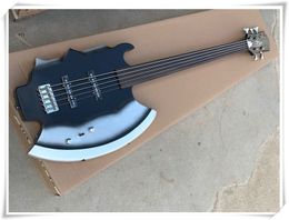 Axe Shape 5 Strings Fretsless Black Body Electric Bass Guitar with Rosewood Fingerboard,2 Pickups,Chrome Hardware,Can be customized
