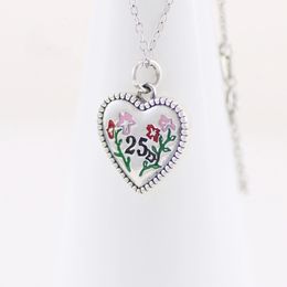 S925 Sterling Silver Necklace Vintage 25th Anniversary Love Flower Pendant Necklace Couple Heart-shaped Pendant Clavicle Chain