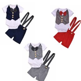 Baby Clothes Kids Boys Bow Formal Clothing Sets Infant Gentleman Party Suit Summer Cotton Rompers Suspender Shorts Pants Suits YP824