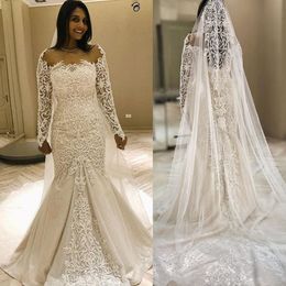 Romantic Long Sleeve Mermaid Wedding Dresses Off Shoulder Lace Vintage Bridal Gowns Bacless Beads Sweep Train Formal Wedding Dress