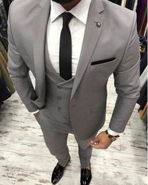 New High Quality One Button Light Grey Groom Tuxedos Notch Lapel Groomsmen Best Man Suits Mens Wedding Suits (Jacket+Pants+Vest+Tie) 766