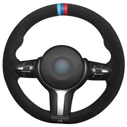 Hand sewing custom Black Suede with Light Blue Blue Red Marker Steering Wheel Cover for BMW F87 M2 F80 M3 F82 M4 M5 F12